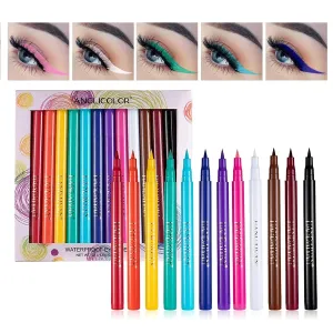 12 Colours Coloured Eyeliner, Matte Liquid Eyeliner Set, Long Lasting Waterproof Eyeliner Pen, Highly Pigmented Smudge-proof Colourful Eye Liners Cosmetic Lipliner Makeup Brush