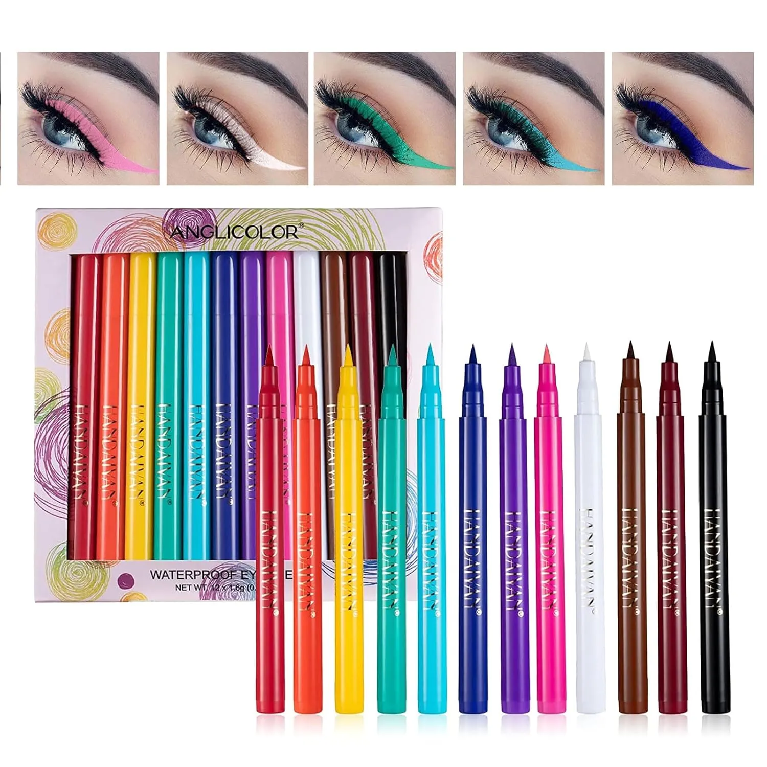 12 Colours Coloured Eyeliner, Matte Liquid Eyeliner Set, Long Lasting Waterproof Eyeliner Pen, Highly Pigmented Smudge-proof Colourful Eye Liners Cosmetic Lipliner Makeup Brush
