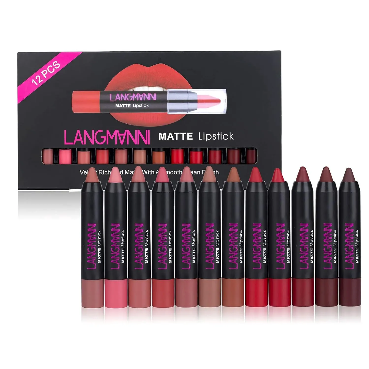 12Pcs Matte Lipstick Set, Lipliner Kit, Waterproof Non-Stick Lipstick Nourishing Velvet Dye Nude Makeup Lip Gloss, Crayon Long-lasting Cosmetics Beauty Lipsticks Red Tint Nude Batom Makeup Pen