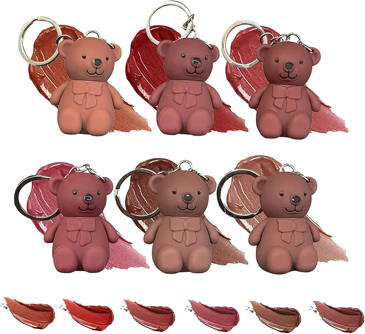 2 in 1 Key Chain Bear Lipstick, Keychain Bear Lipsticks, Mist Matte Velvet Lipstick, Cute Bear Beauty Makeup, Waterproof Long Lasting Bear Lip Gloss with Keychain (6 Colors)