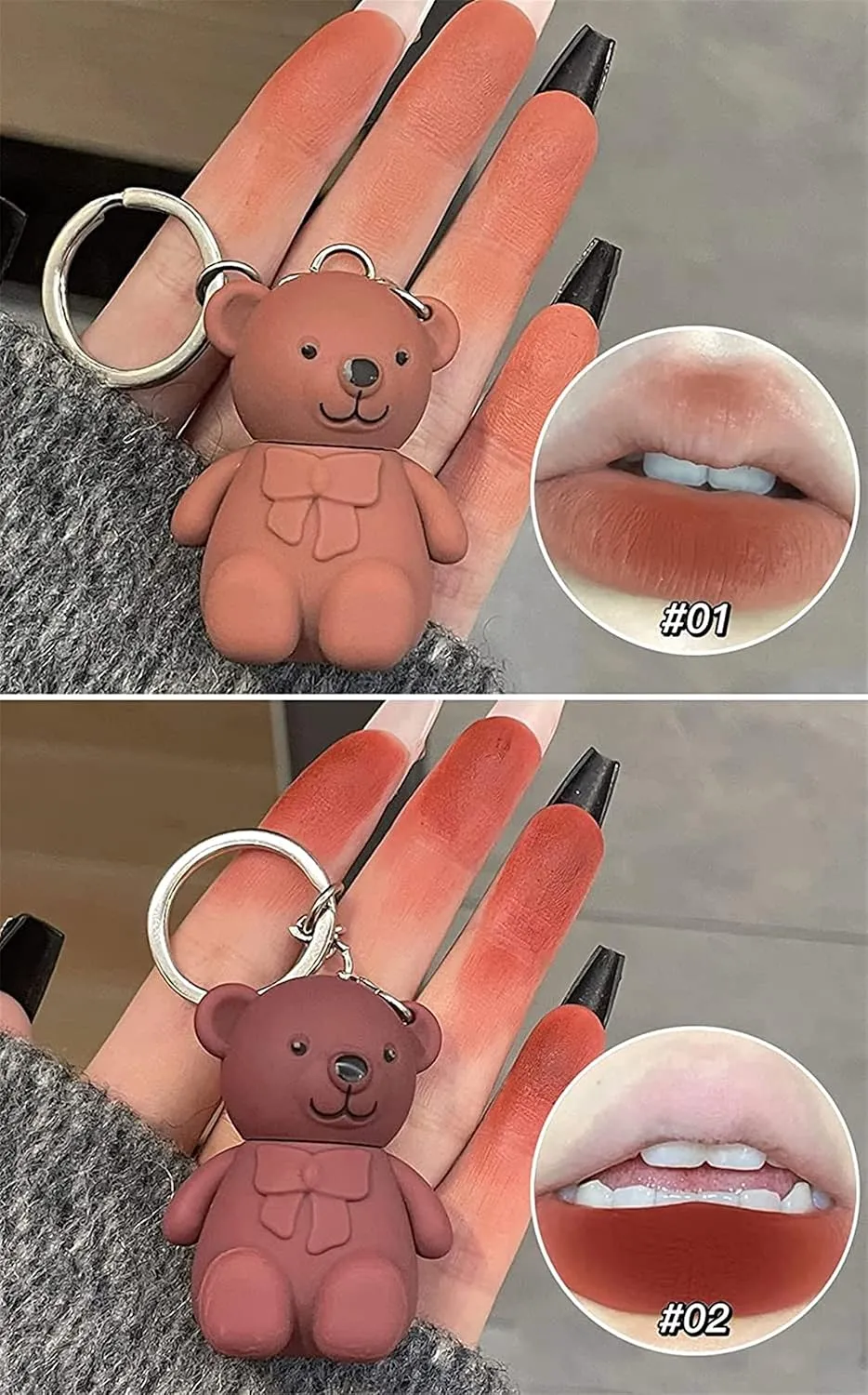 2 in 1 Key Chain Bear Lipstick, Keychain Bear Lipsticks, Mist Matte Velvet Lipstick, Cute Bear Beauty Makeup, Waterproof Long Lasting Bear Lip Gloss with Keychain (6 Colors)