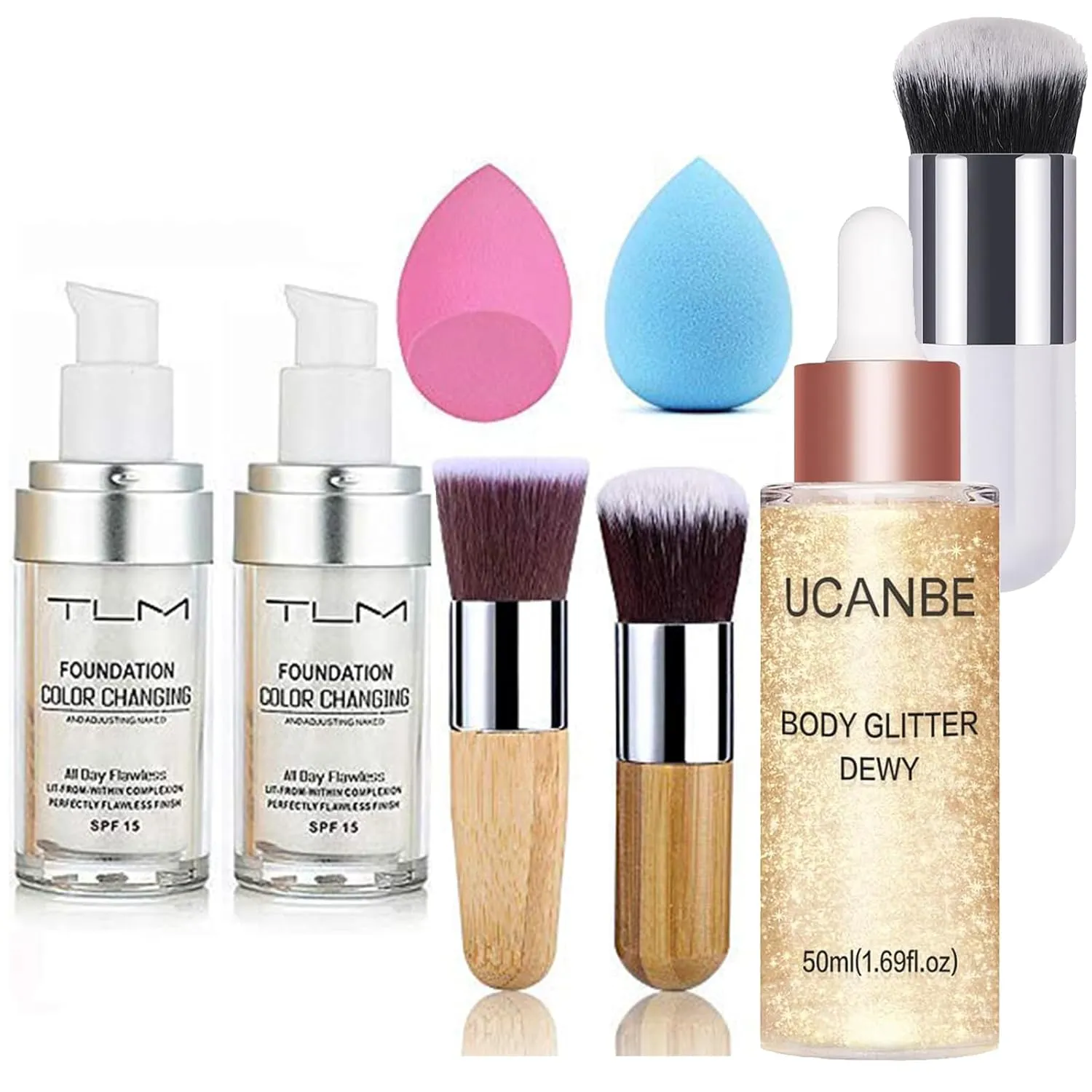 2pcs TLM Color Changing Foundation Liquid with 2 Brushes and 2 Cosmetics Sponge   Champagne Gold Face Body Glitter Liquid Highlighter Illuminator Dewy Drops with Makeup Brush