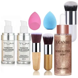 2pcs TLM Color Changing Foundation Liquid with 2 Brushes and 2 Cosmetics Sponge   Champagne Gold Face Body Glitter Liquid Highlighter Illuminator Dewy Drops with Makeup Brush