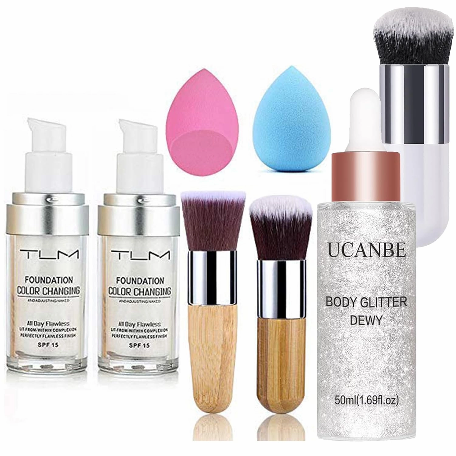 2pcs TLM Color Changing Foundation Liquid with 2 Brushes and 2 Cosmetics Sponge   UCANBE Face Body Glitter Liquid Highlighter Illuminator Dewy Drops with Makeup Brush