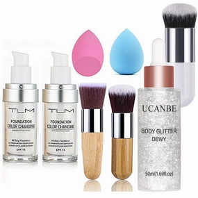 2pcs TLM Color Changing Foundation Liquid with 2 Brushes and 2 Cosmetics Sponge   UCANBE Face Body Glitter Liquid Highlighter Illuminator Dewy Drops with Makeup Brush