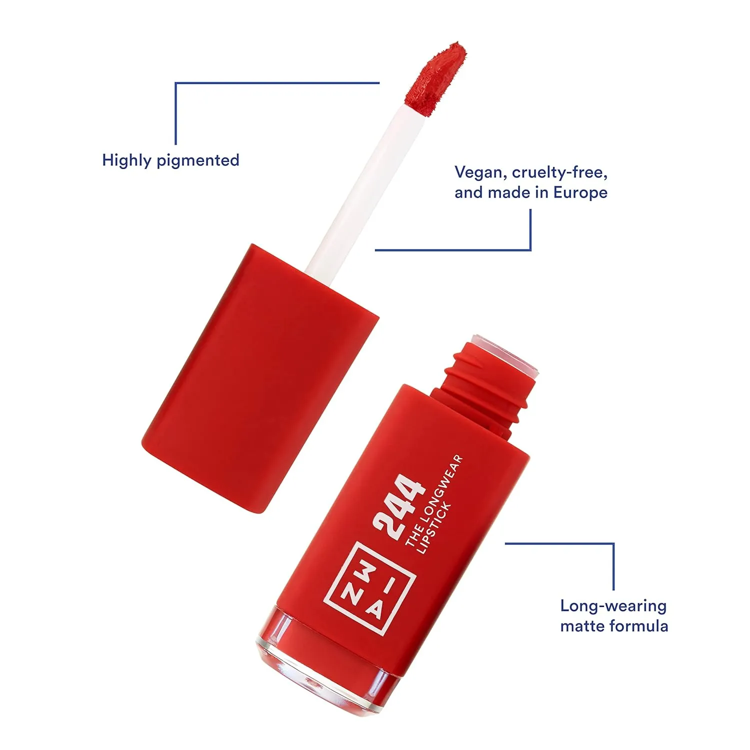 3INA The Longwear Lipstick 244 - Naturally Hydrating, Fast Drying - Shades That Stay All Day And Suit Every Skin Tone - Cruelty Free, Paraben Free, Vegan Cosmetics - Red Color - 0.22 Fl Oz