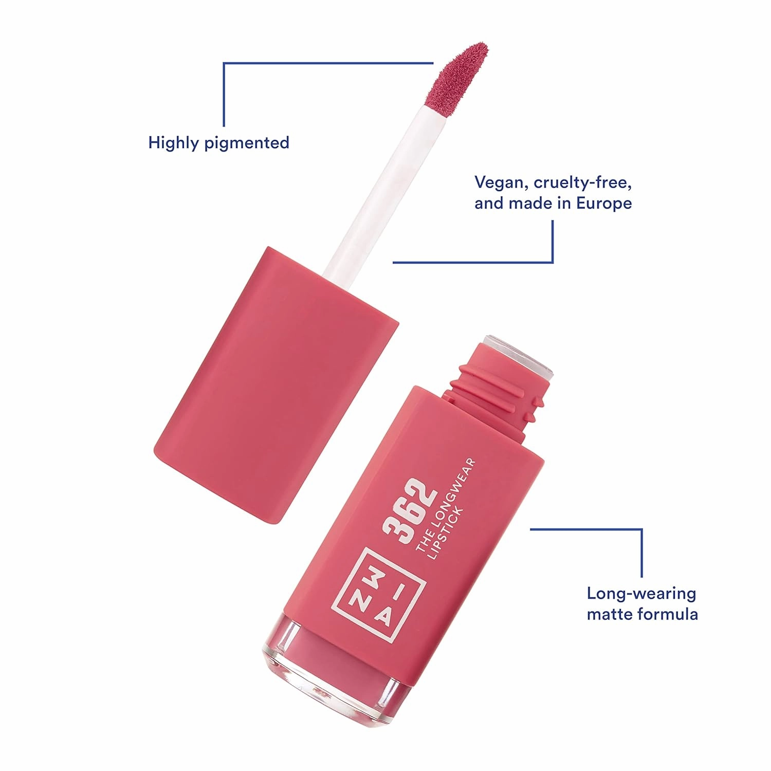 3INA The Longwear Lipstick 362 - Naturally Hydrating, Fast Drying - Shades That Stay All Day And Suit Every Skin Tone - Cruelty Free, Paraben Free, Vegan Cosmetics - Pink Color - 0.22 Fl. Oz