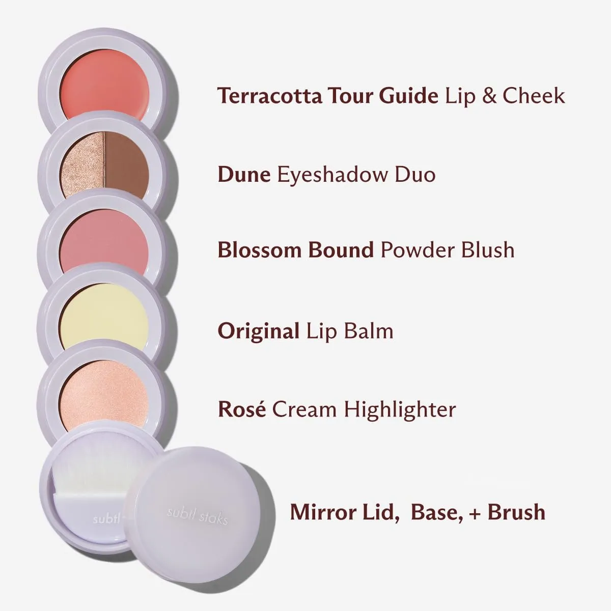 5-in-1 travel makeup kit by subtl beauty | eyeshadow duo, powder blush, cream highlighter, lip and cheek, lip balm | free travel mirror and brush | stackable makeup for travel