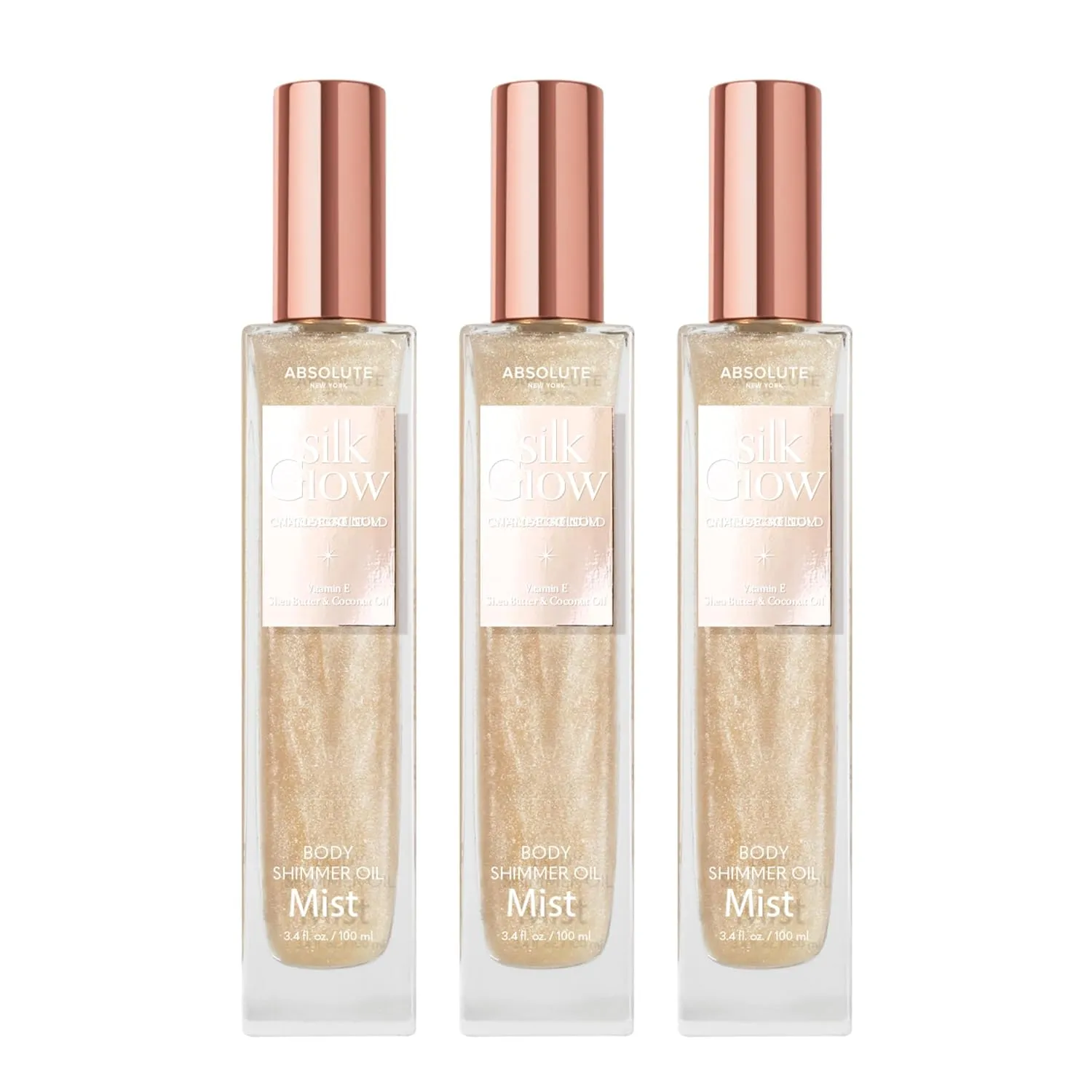 Absolute New York - Silk Glow Champagne Gold Mist, Radiant, Shimmer Oil Body & Face & Hair, Shea Butter, Coconut Oil, Vitamin E (SBGS03 (PACK OF 3), 3.4 Oz)