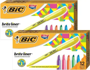BIC Brite Liner Highlighters Markers, Chisel Tip, Assorted Colors, 12 Per Pack, 2 Packs (BICBL11AST-2)
