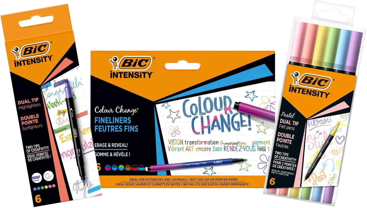 Bic Intensity 2-in-1 Colour Changing Pen Set with Dual Brush and Dual Tip Highlighter Pens - 3 Packs of 6, Multicolor, (503935)