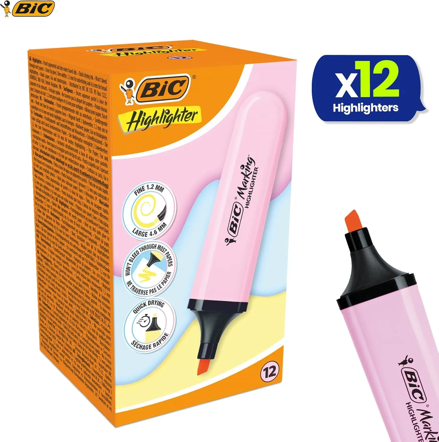 BIC Marking Highlighter Flat Highlighter Marker Pack of 12 Plastic Highlighter Pen with Pastel Pink Ink Highlighter Pens for Smooth Notes Precise Highlights Ideal for School and Office