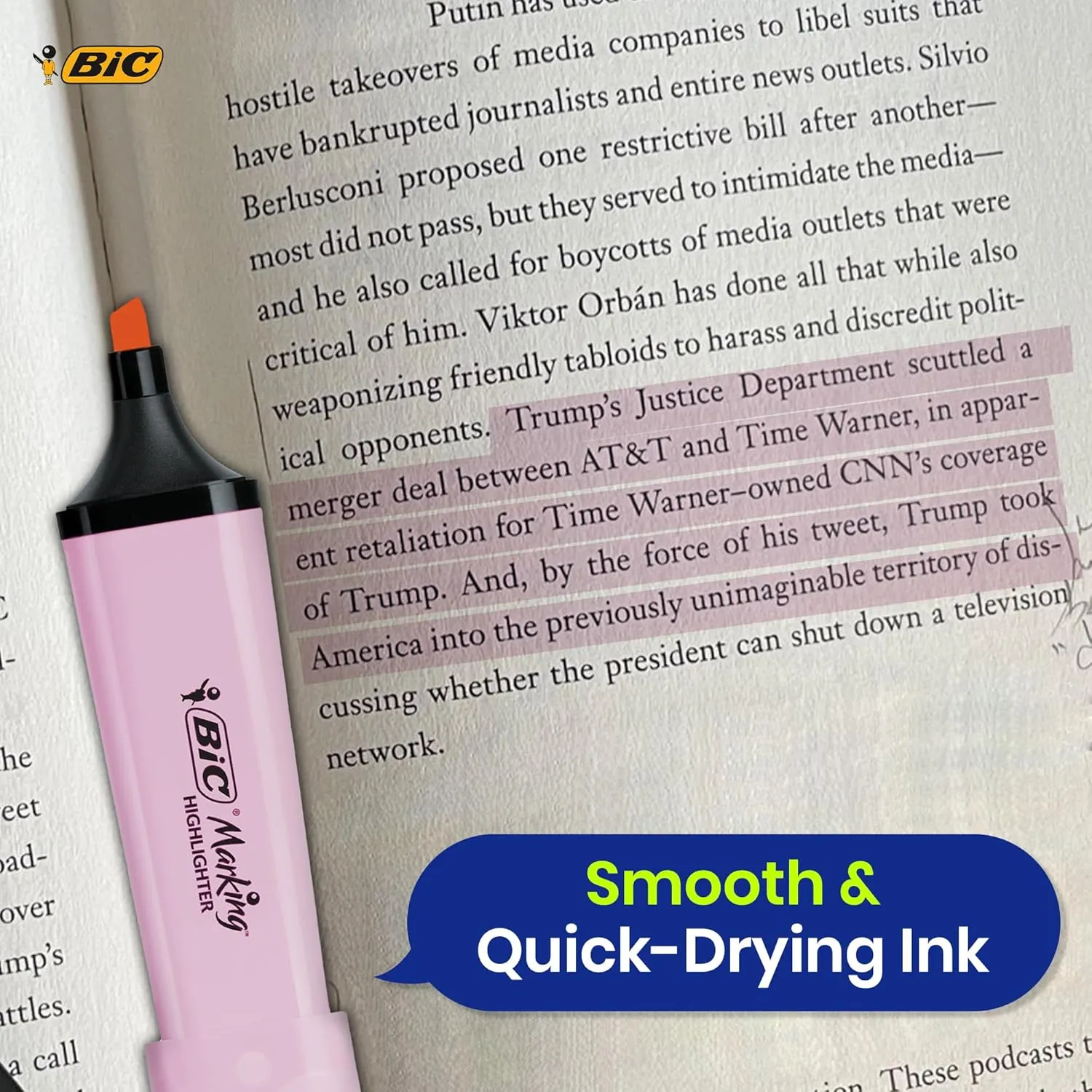 BIC Marking Highlighter Flat Highlighter Marker Pack of 12 Plastic Highlighter Pen with Pastel Pink Ink Highlighter Pens for Smooth Notes Precise Highlights Ideal for School and Office