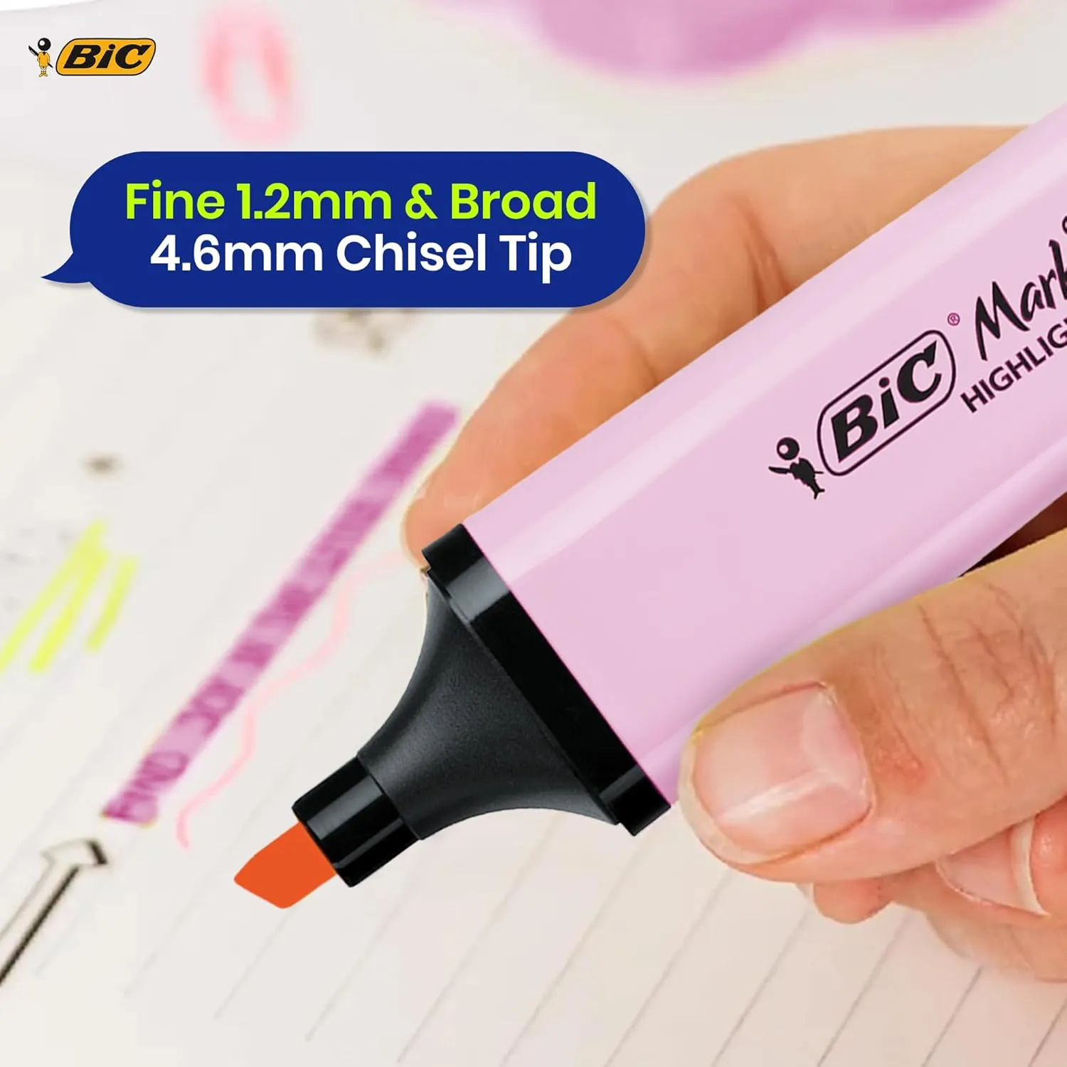 BIC Marking Highlighter Flat Highlighter Marker Pack of 12 Plastic Highlighter Pen with Pastel Pink Ink Highlighter Pens for Smooth Notes Precise Highlights Ideal for School and Office