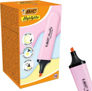 BIC Marking Highlighter Flat Highlighter Marker Pack of 12 Plastic Highlighter Pen with Pastel Pink Ink Highlighter Pens for Smooth Notes Precise Highlights Ideal for School and Office