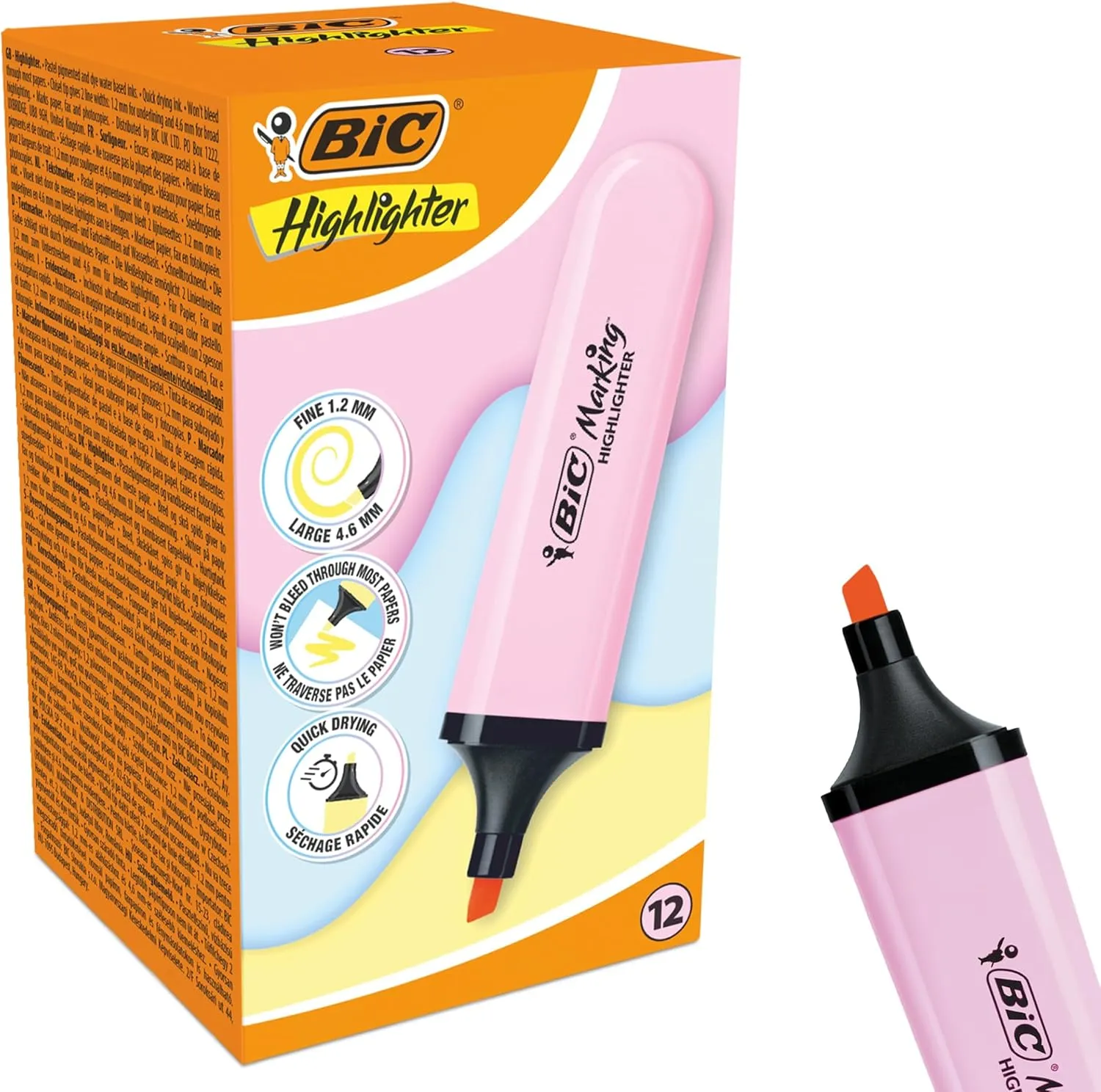 BIC Marking Highlighter Flat Highlighter Marker Pack of 12 Plastic Highlighter Pen with Pastel Pink Ink Highlighter Pens for Smooth Notes Precise Highlights Ideal for School and Office