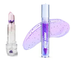 Blossom Juicy Jelly Moisturizing Lip Care Fruit Flavored Nourishing Lip Oil   pH Technology Custom Color Changing Strawberry Crystal Lip Balm, 2 Pack Bundle, Grape/Purple