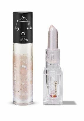 Blossom Zodiac Sign Vanilla Scented Moisturizng Roll On Lip Gloss with Crystals   pH Technology Color Charnging Shimmering Lip Balm, 2 Pack Bundle, Libra/Crystal