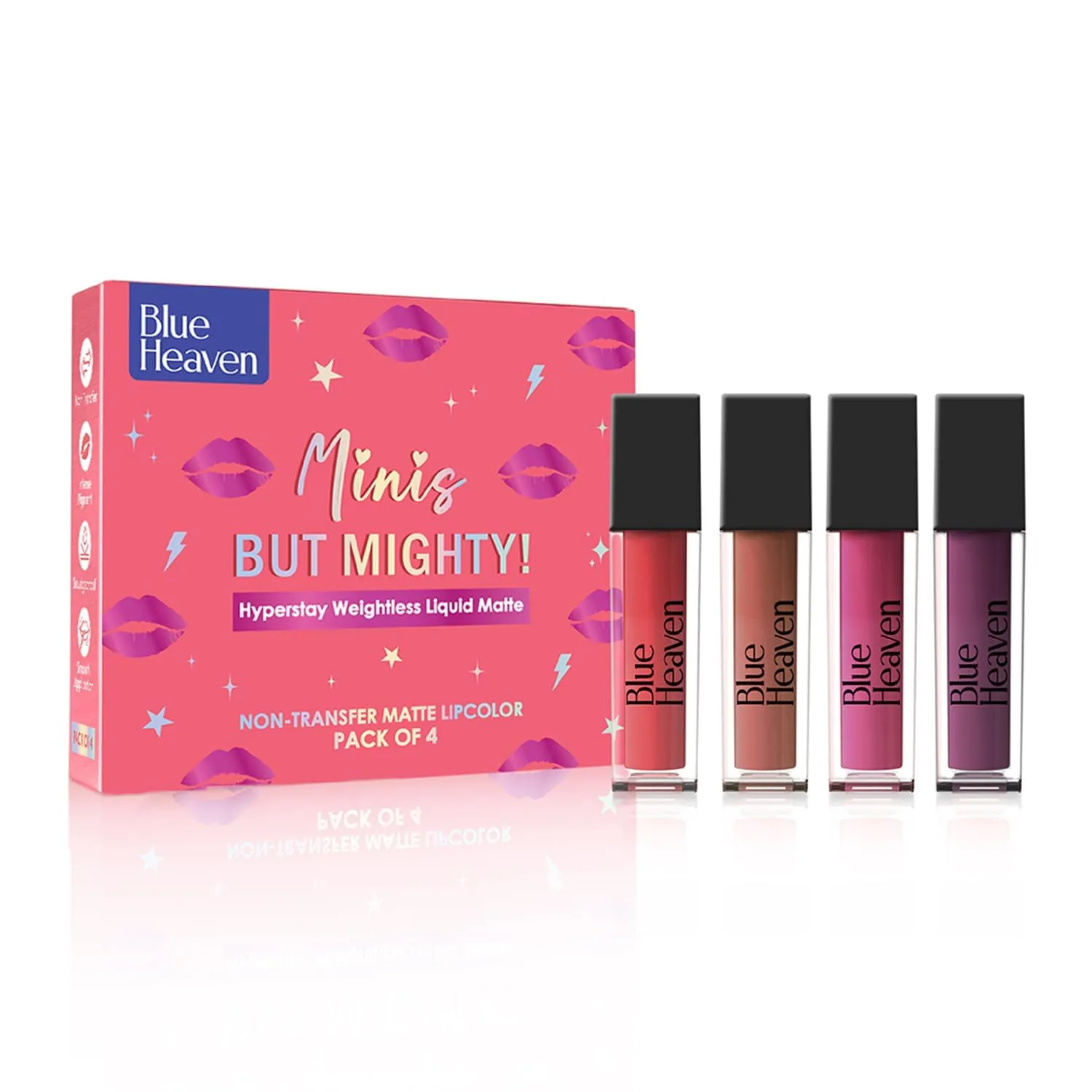 Blue_Heven Minis But Mighty! Hyperstay Weightless Liquid Matte – Non-Transfer Matte Lipcolor, Pack of 4 Mini Lipsticks – Bold & Long-Lasting Colors