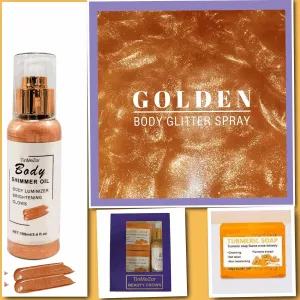 Body Glow Oil,Body Bronzer,Body Shimmer Lotion,Shimmer Body Oil,Body Highlighter,Glitter Body Oil, Liquid illuminate Spray Waterproof Long Lasting and Turmeric soap Women Gift Set (3 pcs in pack)
