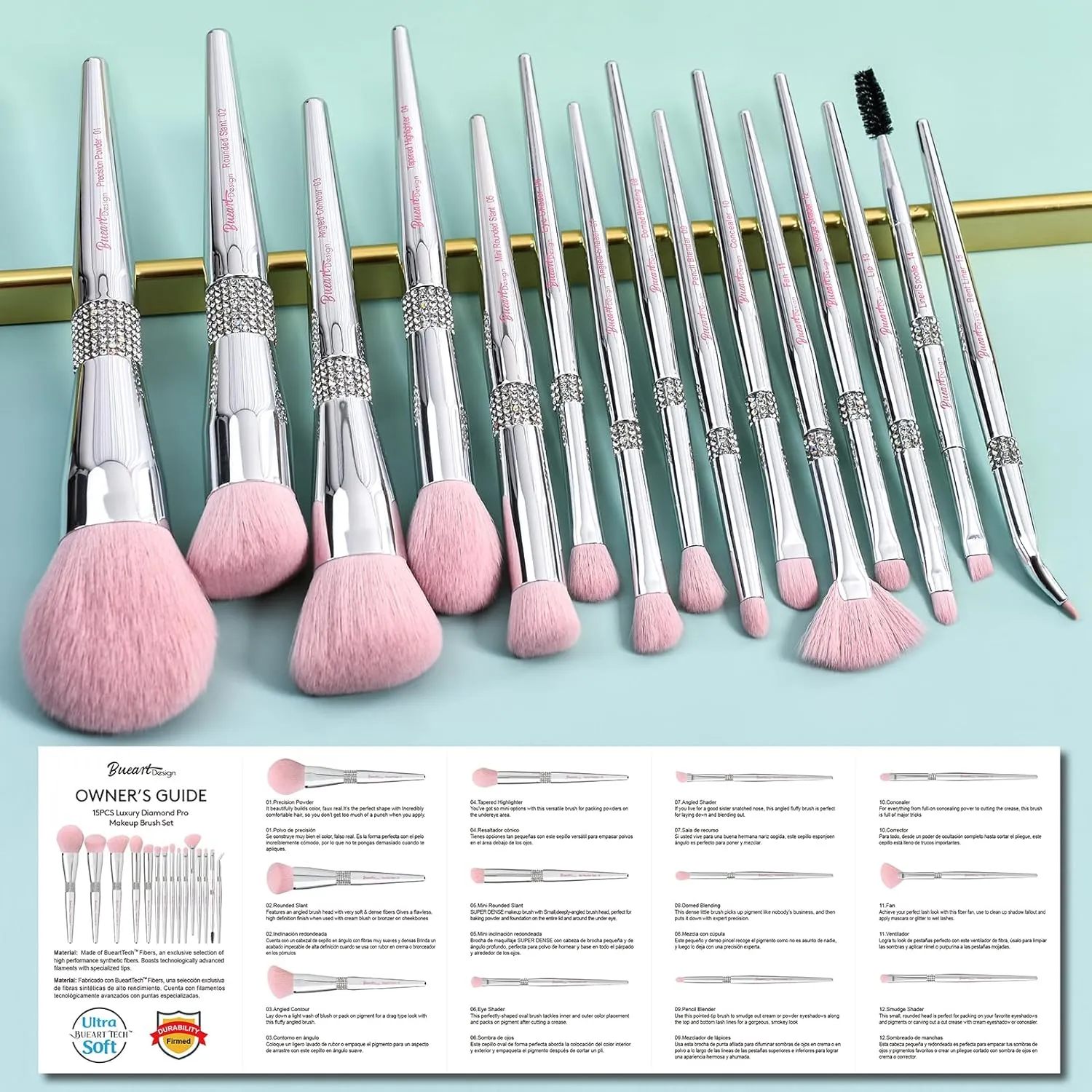 Bueart Design Elegant pink Ultra soft labeled Makeup Brushes Sets with Brush Holder makeup brush set with Foundation Powder blush blending contour Brush (15Pcs Silver Pink Holder)