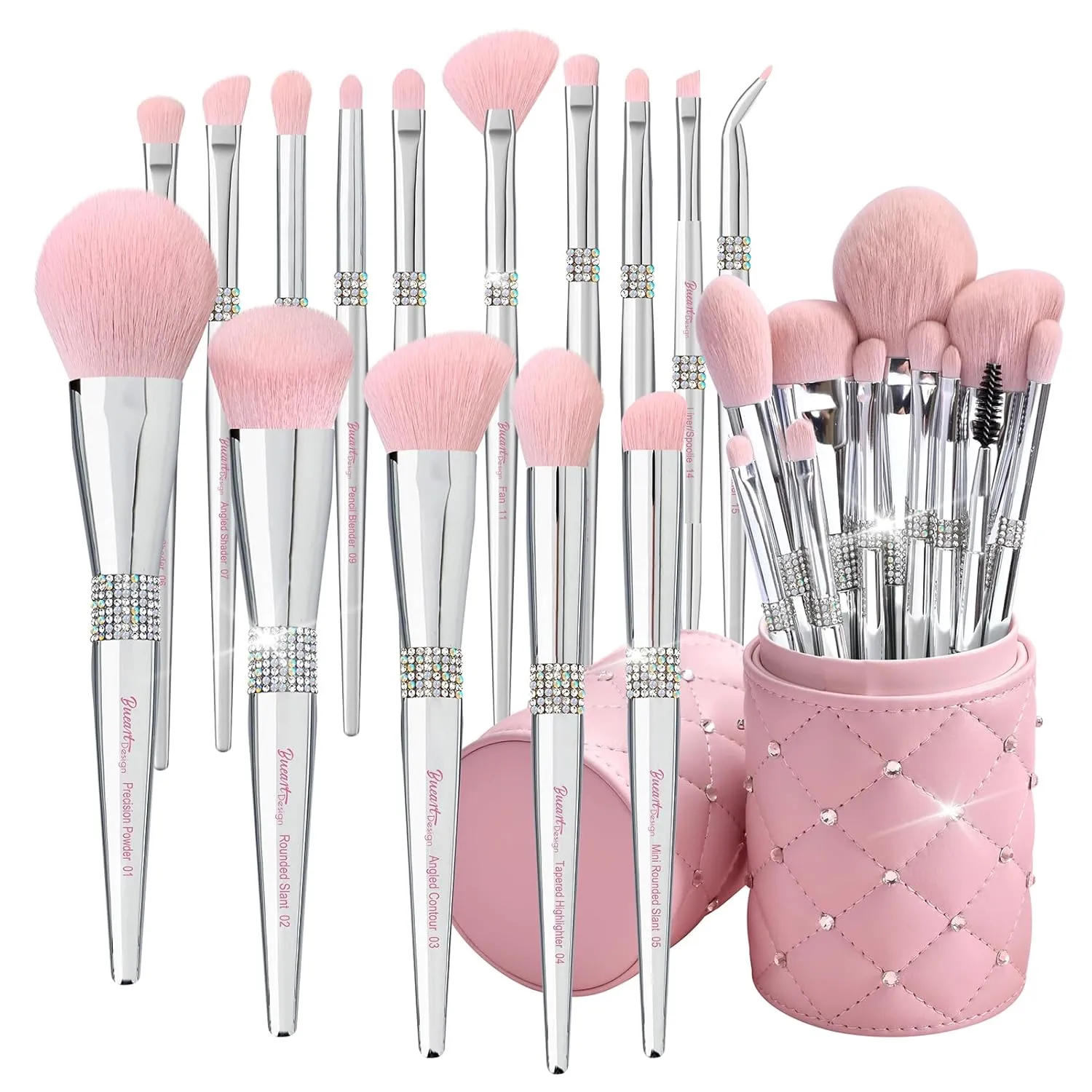 Bueart Design Elegant pink Ultra soft labeled Makeup Brushes Sets with Brush Holder makeup brush set with Foundation Powder blush blending contour Brush (15Pcs Silver Pink Holder)