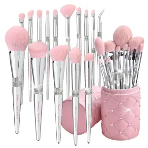 Bueart Design Elegant pink Ultra soft labeled Makeup Brushes Sets with Brush Holder makeup brush set with Foundation Powder blush blending contour Brush (15Pcs Silver Pink Holder)