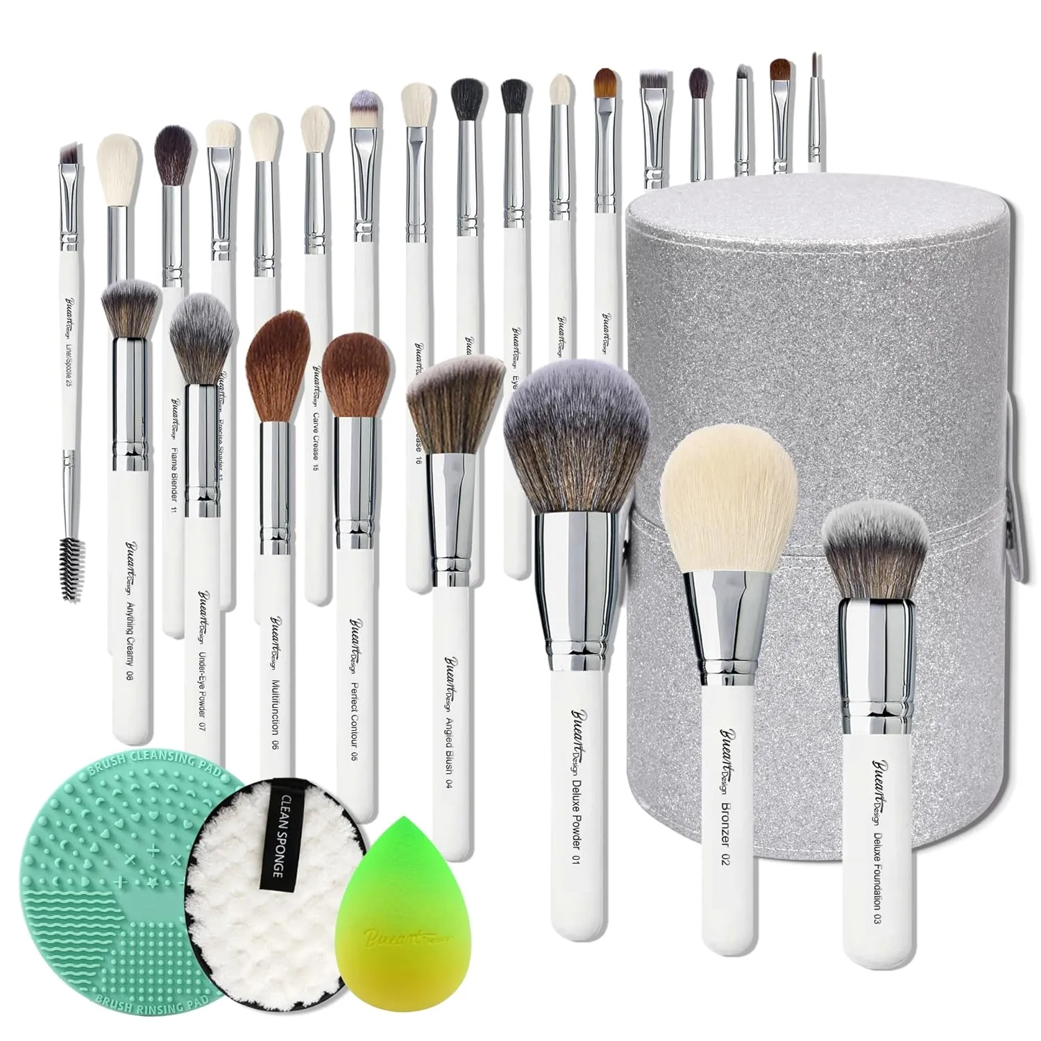 Bueart Design Pro Makeup Artist Deluxe Labeled Best Makeup Brushes Set Real Natural Goat Hair horse hair Professional Brush set with Luxury Extra Large Holder