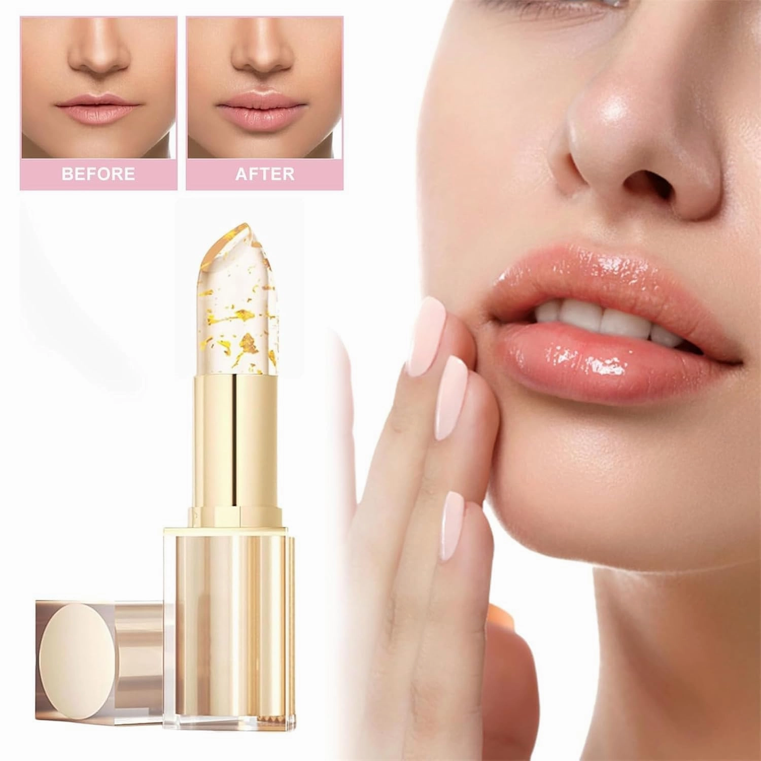 Bymolia Color Changing Lipstick, Transparente Transferproof Gold Crystal Color Changing Lip Stick for Women, Long Lasting 24 Hours Moisturizing Glossy Shine Lip Gloss, Deep Nourishment (2 Gold, 3.5g)
