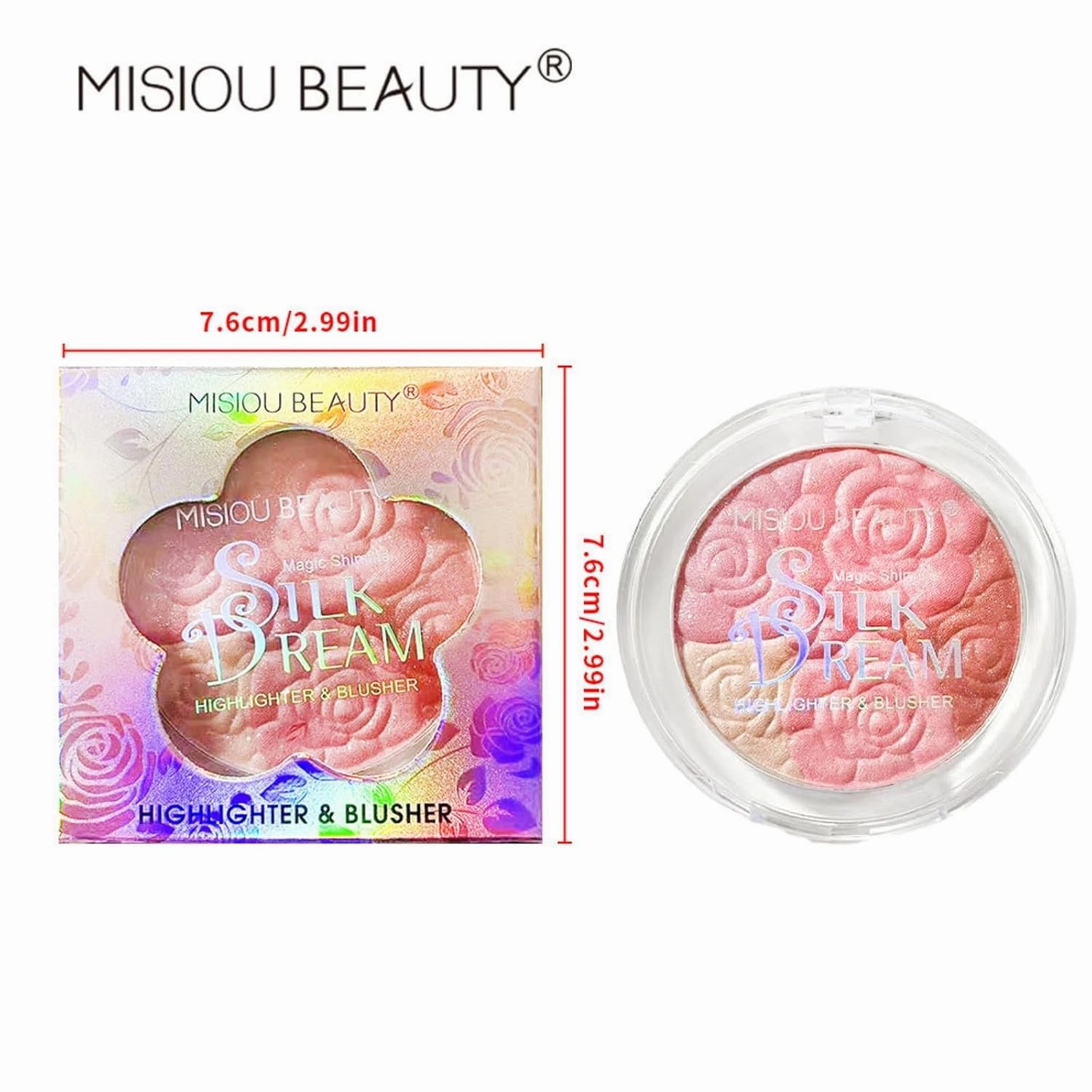 Carved Rose Blush & Highlighter Palette - Pressed Powder with Floral Embossing, Monochromatic Shimmer for Cheeks & Eyes, Vegan & Cruelty-Free (#02, Rose Blush)