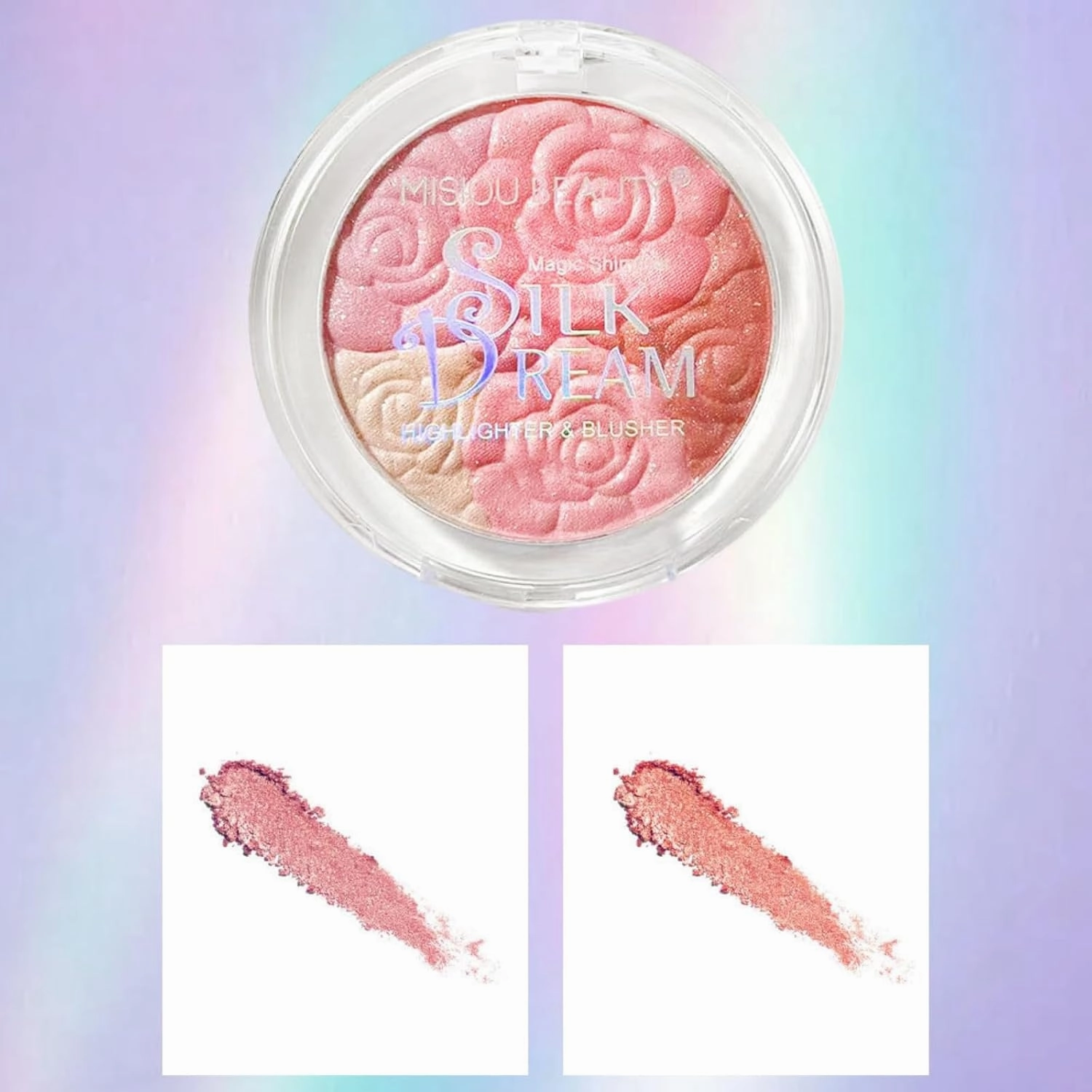 Carved Rose Blush & Highlighter Palette - Pressed Powder with Floral Embossing, Monochromatic Shimmer for Cheeks & Eyes, Vegan & Cruelty-Free (#02, Rose Blush)