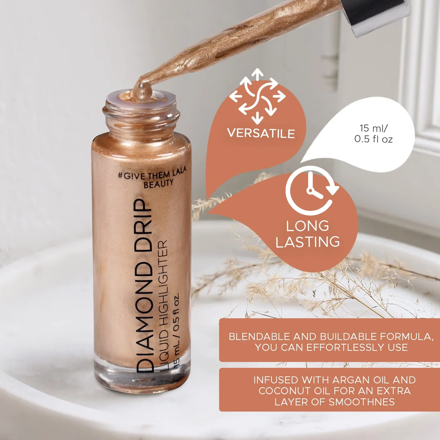 Diamond Drip Liquid Highlighter By Give Them Lala- Highly Pigmented Shimmer Highlighter For Face & Chest- Illuminator Drops For Diamond Sparkle- Glow Drops For Dewy Foundation, Cruelty-Free - (24K)