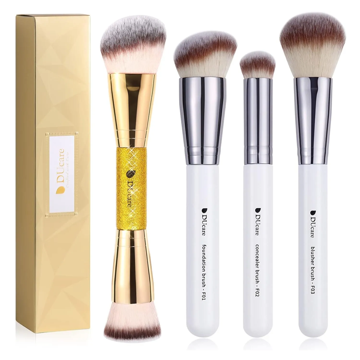 DUcare Gold Foundation, Concealer & Blusher Brush Set - Soft Synthetic Bristles - Angled Flat, Concealer, Blusher - Face Makeup Brush Set