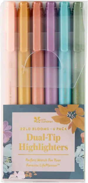 Erin Condren Dual-Tip Highlighters 6-pack, Bold Blooms, Dual-Tip Highlighter Ink, Perfect for Decorating, Color-Coding, and Highlighting