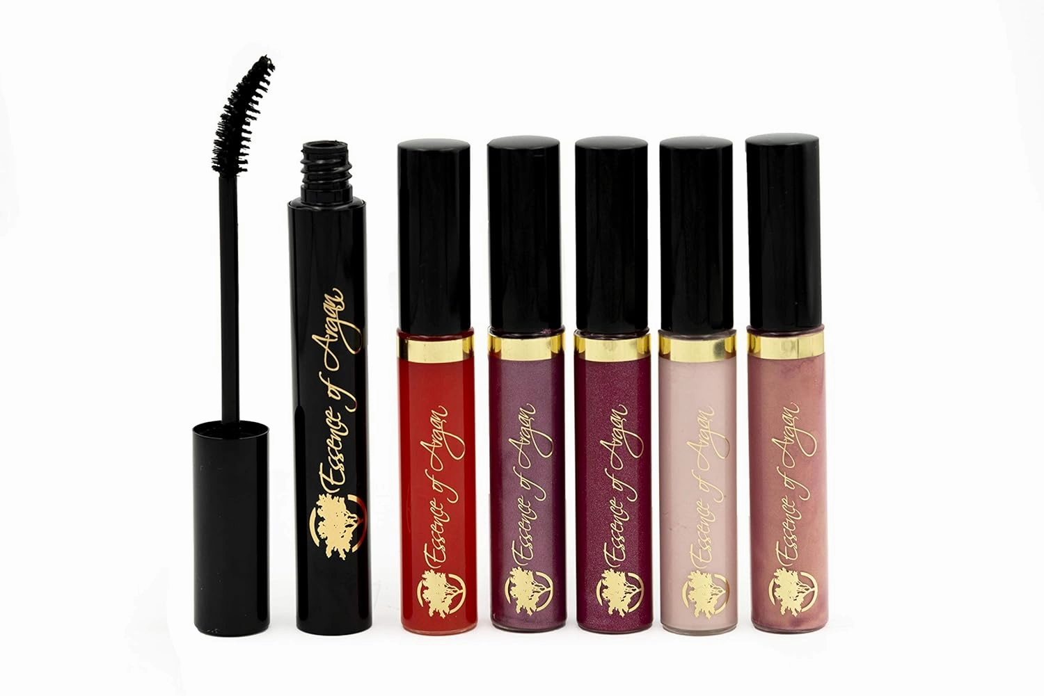 Essence of Argan Lash Conditioner Mascara & Nourishing Lip Gloss Plumper with Organic Argan Oil - Waterproof Black Mascara Plus Plumping Lip Balm for Voluptuous Sexy Lips and Longer Stronger Lashes