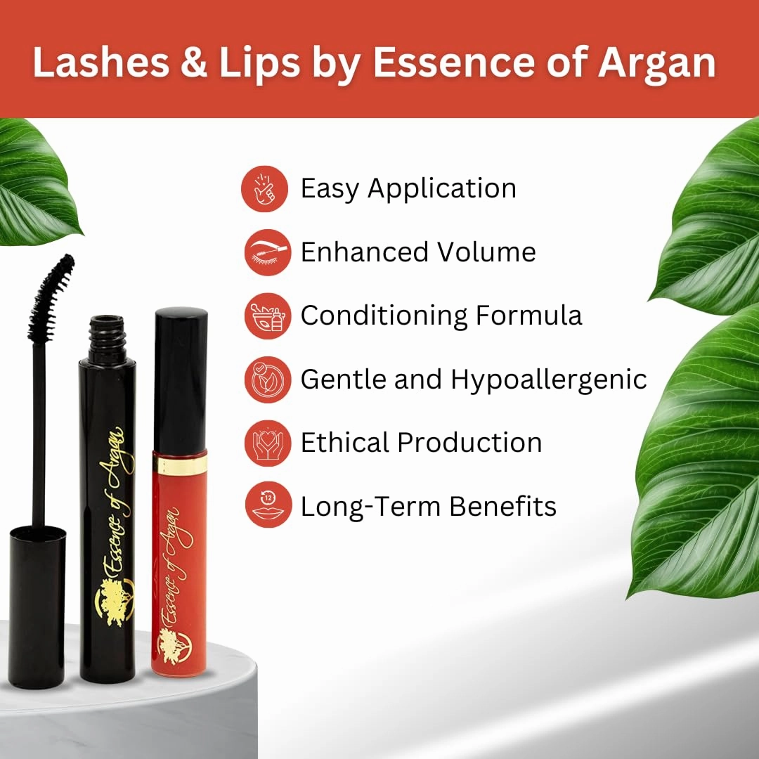 Essence of Argan Lash Conditioner Mascara & Nourishing Lip Gloss Plumper with Organic Argan Oil - Waterproof Black Mascara Plus Plumping Lip Balm for Voluptuous Sexy Lips and Longer Stronger Lashes