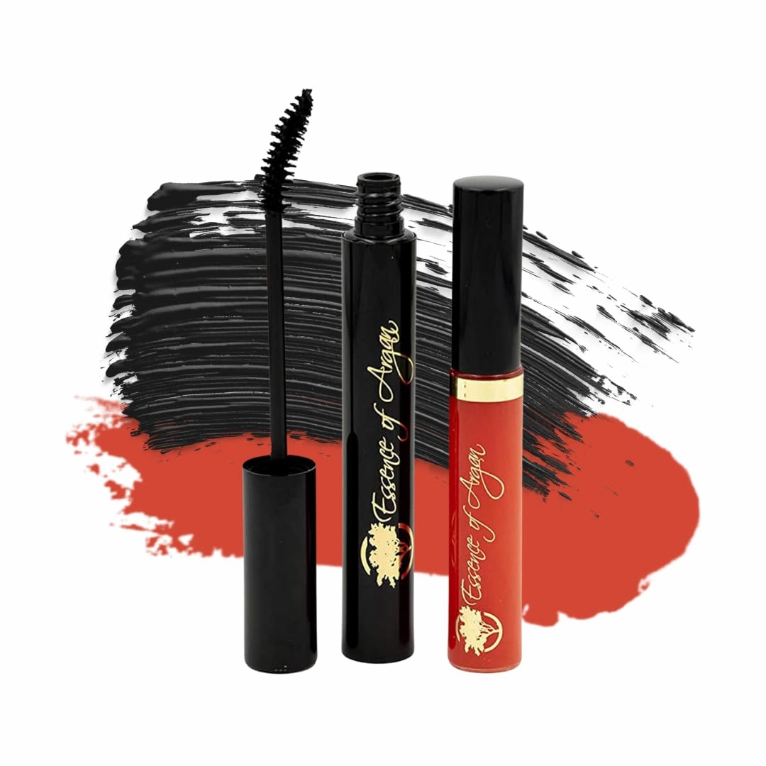 Essence of Argan Lash Conditioner Mascara & Nourishing Lip Gloss Plumper with Organic Argan Oil - Waterproof Black Mascara Plus Plumping Lip Balm for Voluptuous Sexy Lips and Longer Stronger Lashes