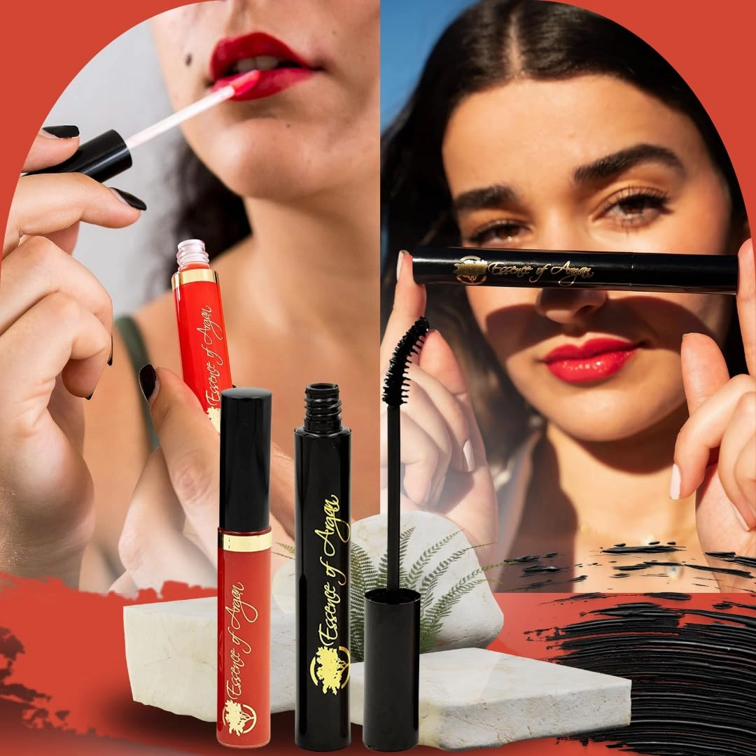 Essence of Argan Lash Conditioner Mascara & Nourishing Lip Gloss Plumper with Organic Argan Oil - Waterproof Black Mascara Plus Plumping Lip Balm for Voluptuous Sexy Lips and Longer Stronger Lashes
