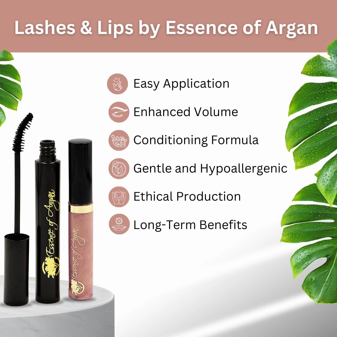 Essence of Argan Lash Conditioner Mascara & Nourishing Lip Gloss Plumper with Organic Argan Oil - Waterproof Black Mascara Plus Plumping Lip Balm for Voluptuous Sexy Lips and Longer Stronger Lashes