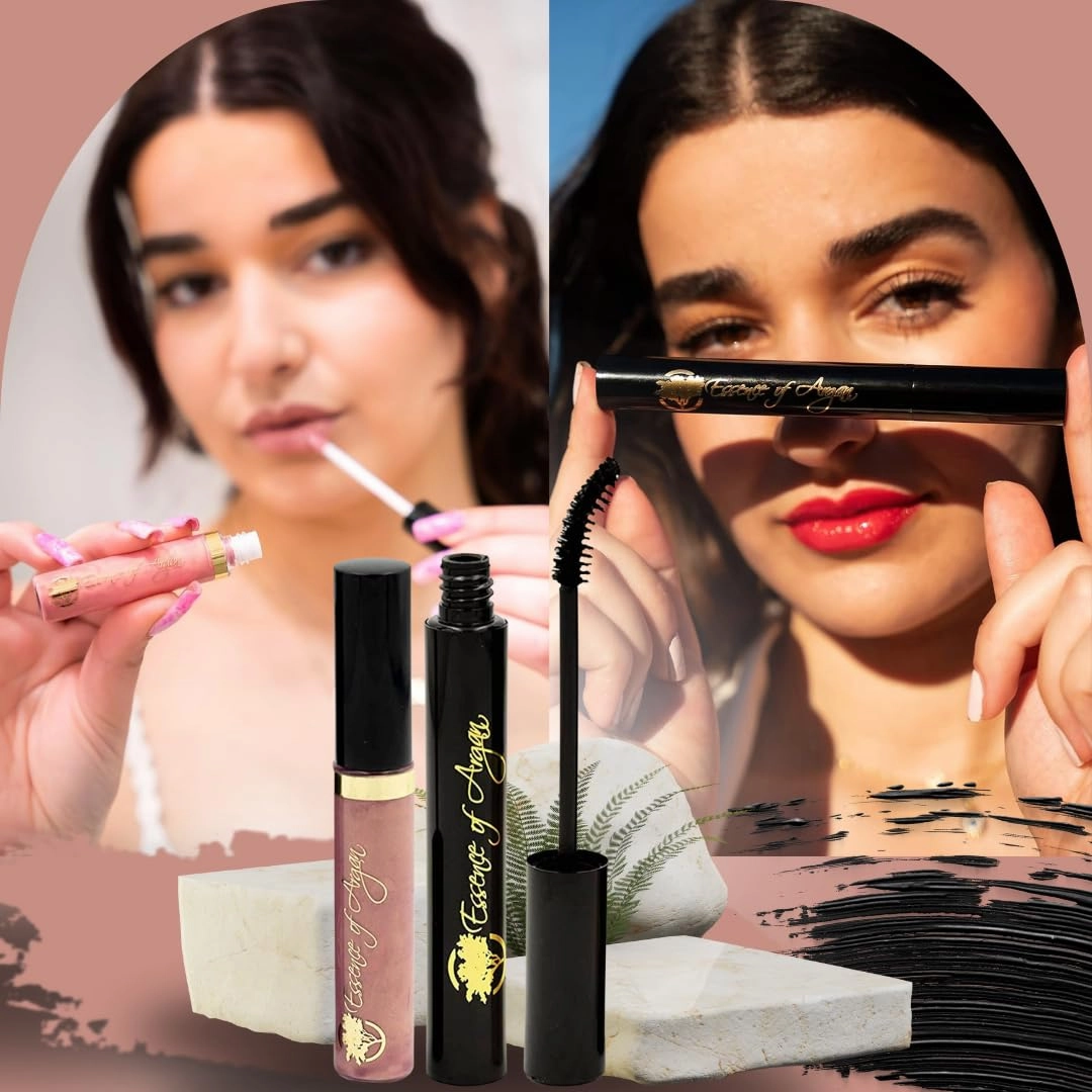 Essence of Argan Lash Conditioner Mascara & Nourishing Lip Gloss Plumper with Organic Argan Oil - Waterproof Black Mascara Plus Plumping Lip Balm for Voluptuous Sexy Lips and Longer Stronger Lashes