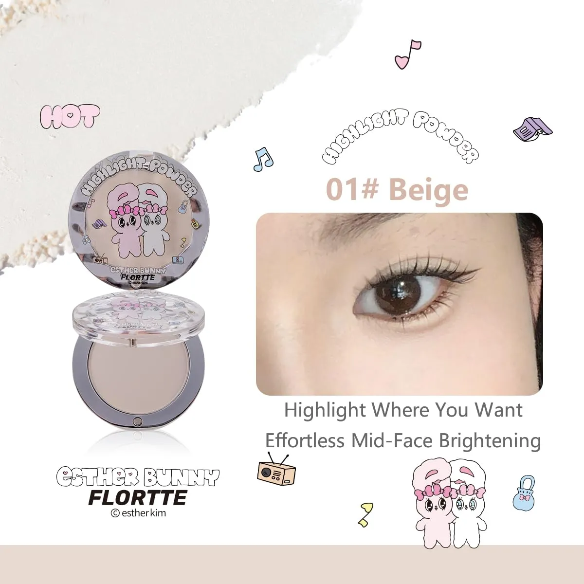 Esther Bunny Single-Colour Highlighter, 3 Colors, Soft-Focus Face Makeup (01#Beige, standard code)