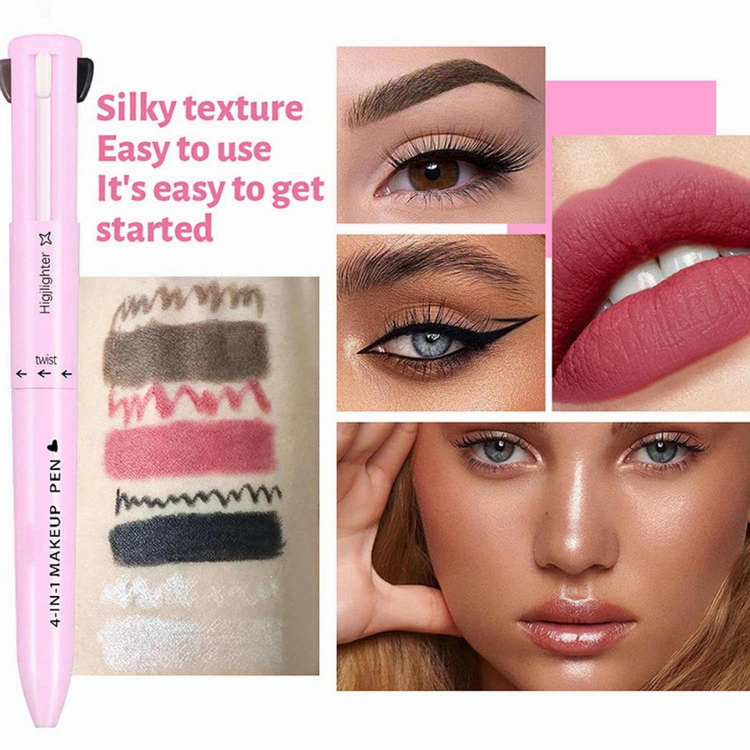 Eternaljoymart Eyebrow Pen,4 in 1 Makeup Waterproof Natural Beauty Pencil,Multifunction Face Beauty Pencil Comes with Eyeliner, Lip Liner, Highlighter Makeup & Eyebrow Pencils (#01 #03)