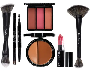 EVE PEARL 6 Pcs Beautiful Face Collection Foundation Blush Brow And Brushes All In One Set Essential Makeup Kit (Dark)