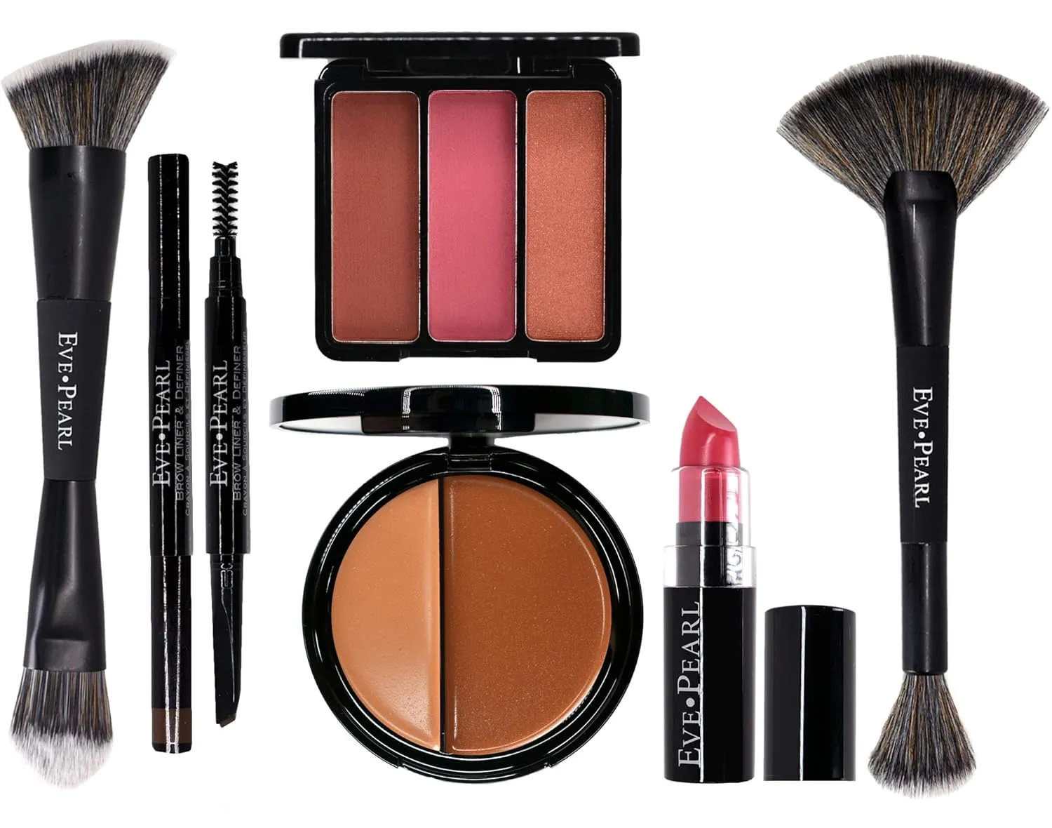 EVE PEARL 6 Pcs Beautiful Face Collection Foundation Blush Brow And Brushes All In One Set Essential Makeup Kit (Dark)