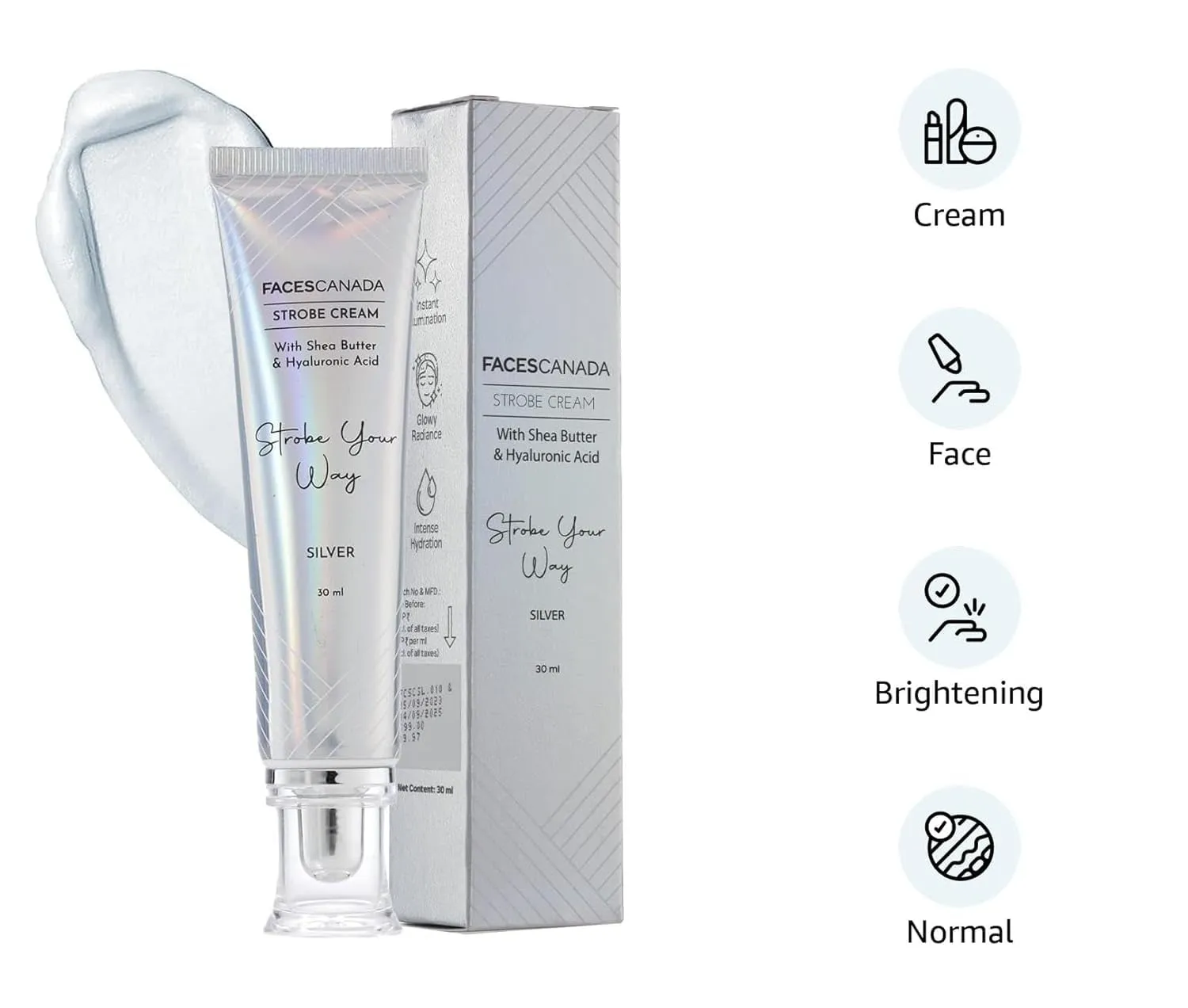 FACES CANADA Strobe Cream - Gold, 30g | Primer   Highlighter   Moisturizer | Shea Butter & Hyaluronic Acid | Intense Hydration Illuminating & Glowing Makeup Base (Silver, 1.05 ounce)