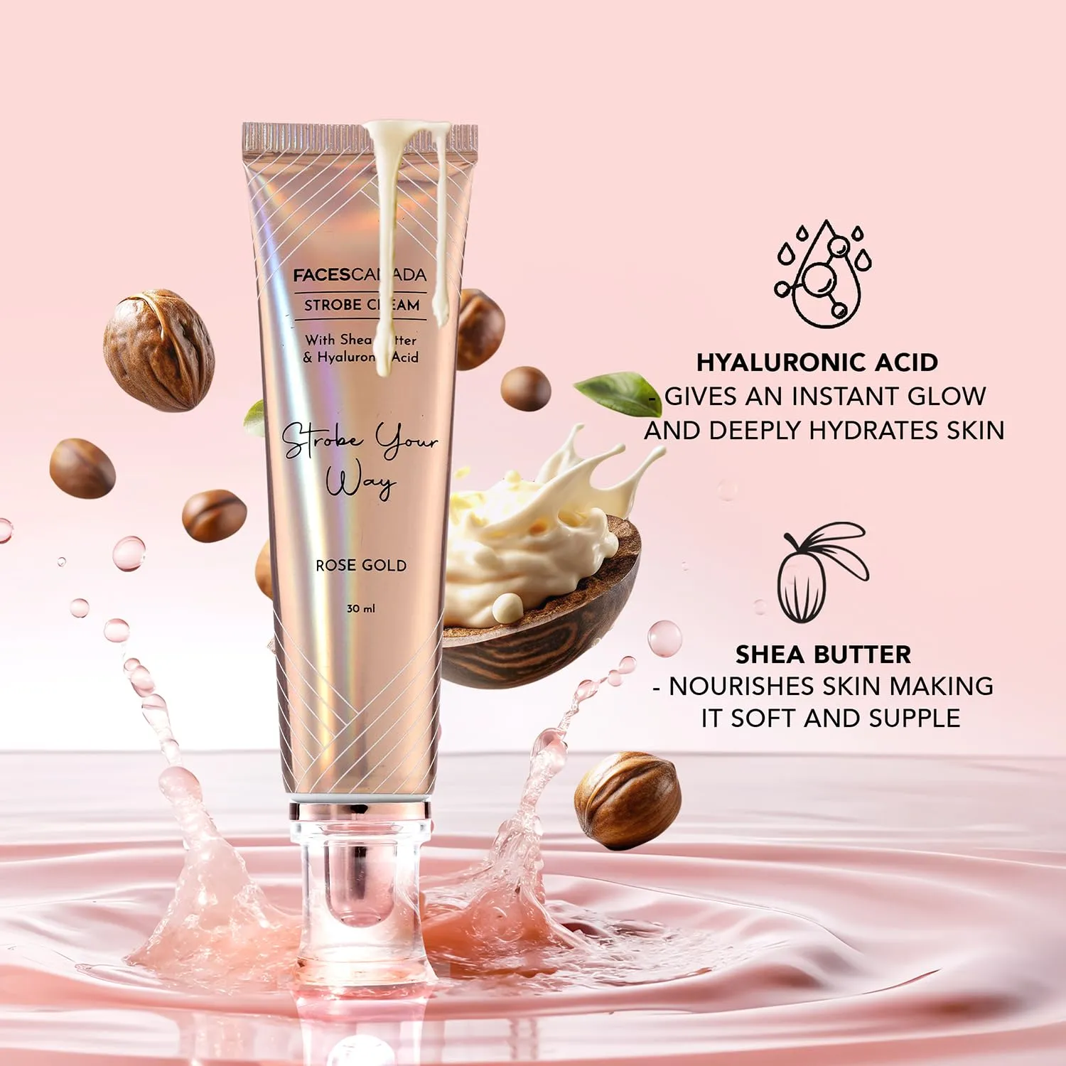 FACE'S CANADA Strobe Cream | Primer   Highlighter   Moisturizer | Shea Butter & Intense Hydration Flawless Radiant Dewy Skin For Illuminating & Glowing Makeup Base - Rose Gold, 30g (1.05 Oz)