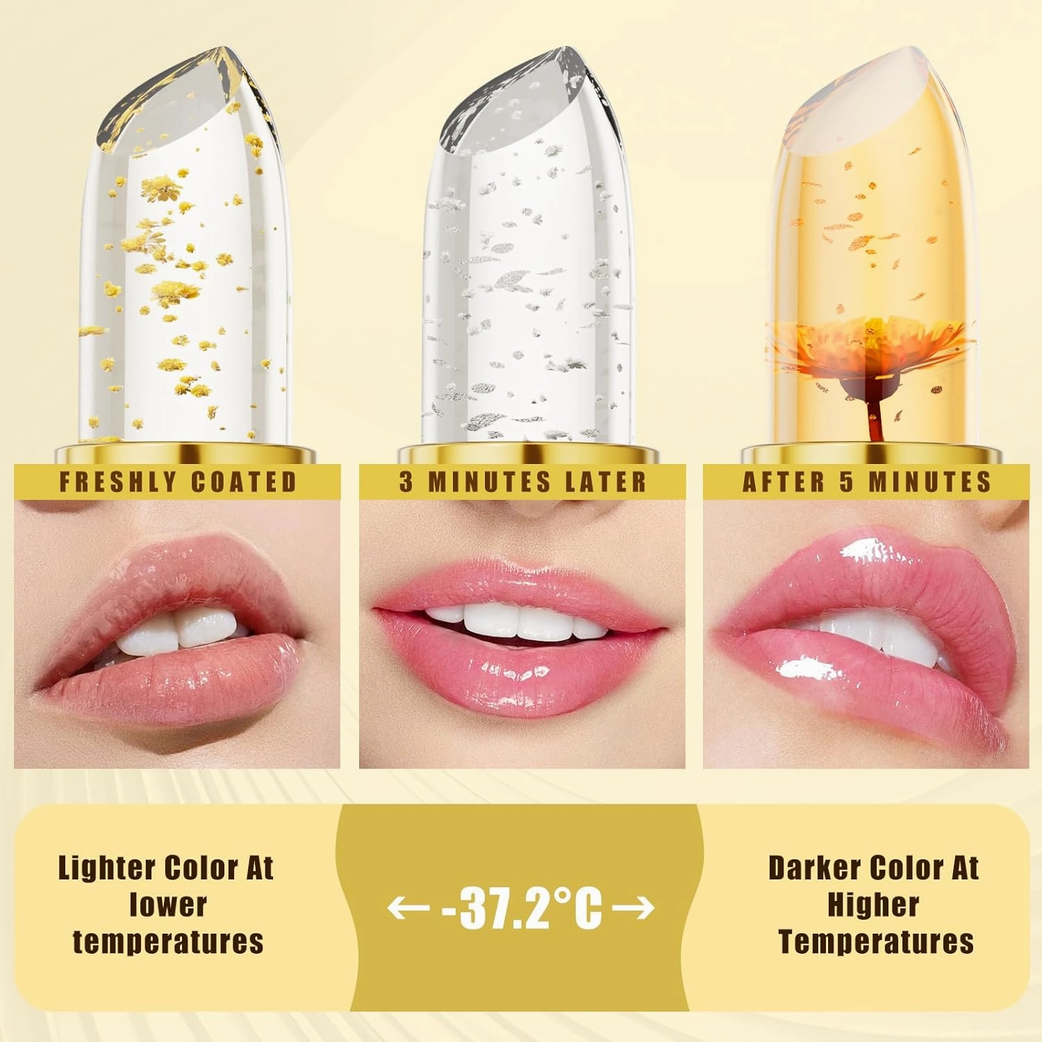 Filgaentrme Lipstick, Transferproof Color-Changing Lipstick, Gold Crystal Lipsticks Color Changing, Long Lasting, Hydrating Lip Tint Natural Non-Fading Lip Stick for Women (1 pcs)