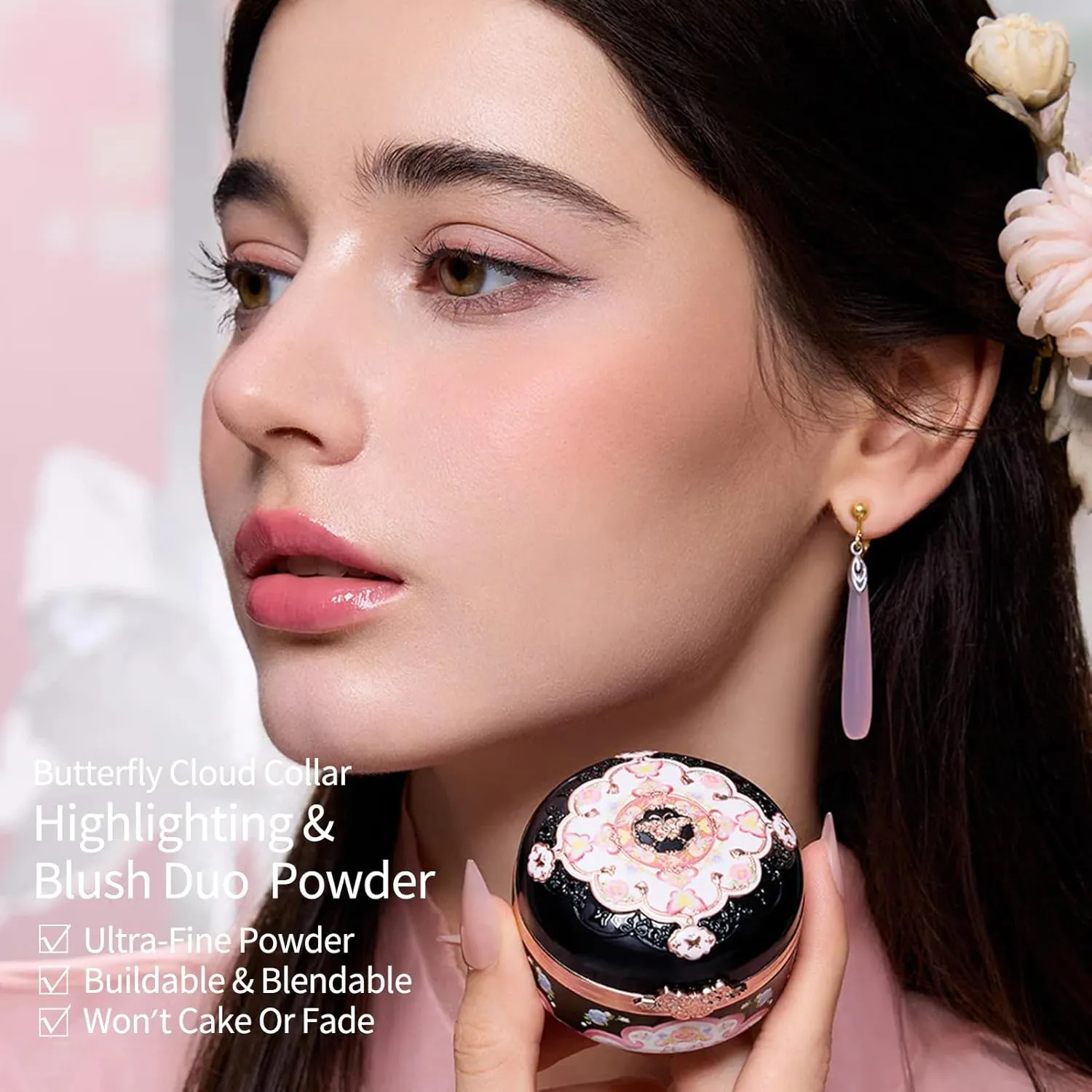 Flower Knows Butterfly Cloud Collar Rouge Box Highlighting & Blush Duo Powder,Brown Matte Finish Blush & Highlighter Palette,Buildable & Blendable Makeup Blush for cheeks(05 Pearwood)