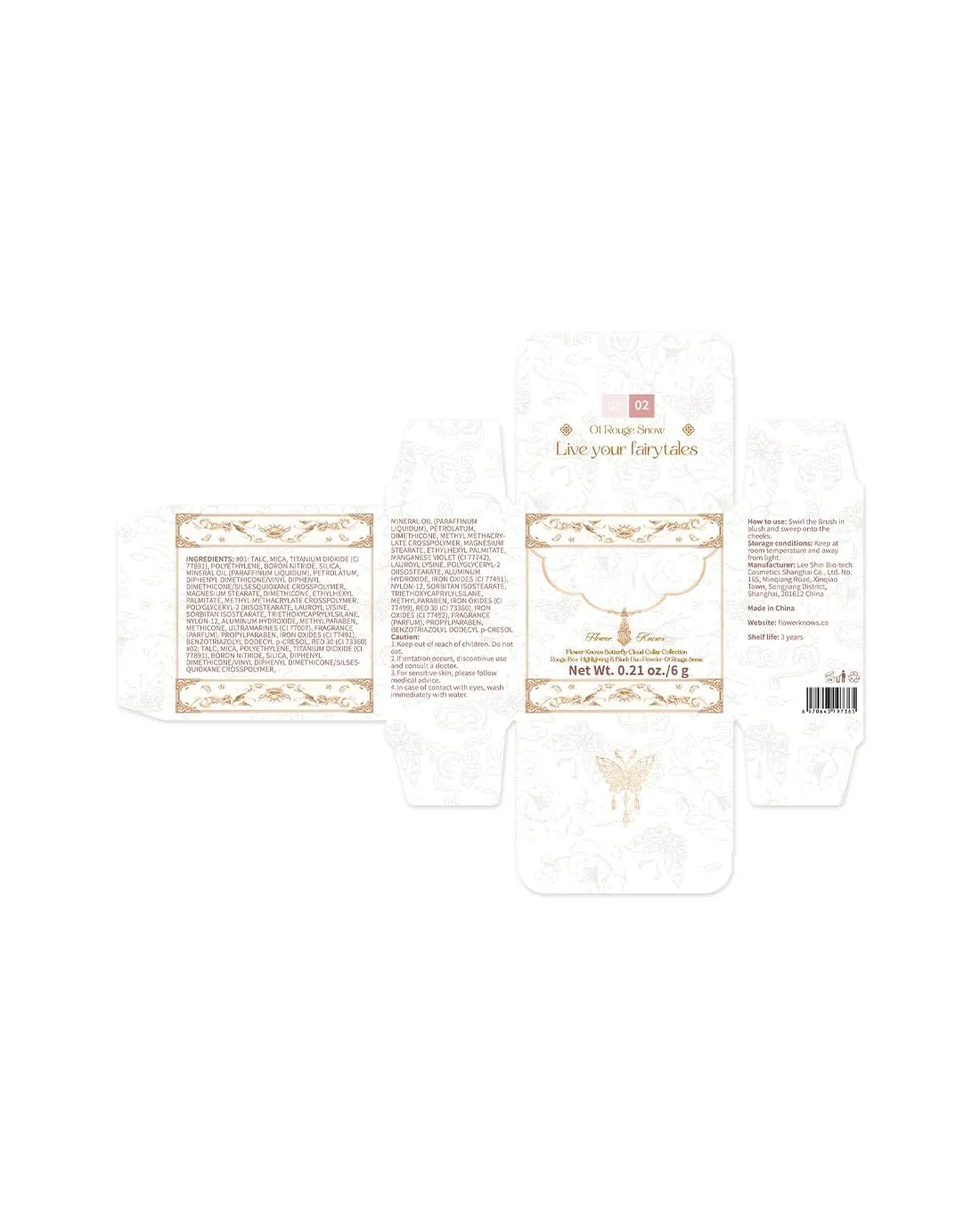 Flower Knows Butterfly Cloud Collar Rouge Box Highlighting & Blush Duo Powder,Nude Peach Matte Finish Blush & Highlighter Palette,Buildable & Blendable Makeup for cheeks(01 Rouge Snow)