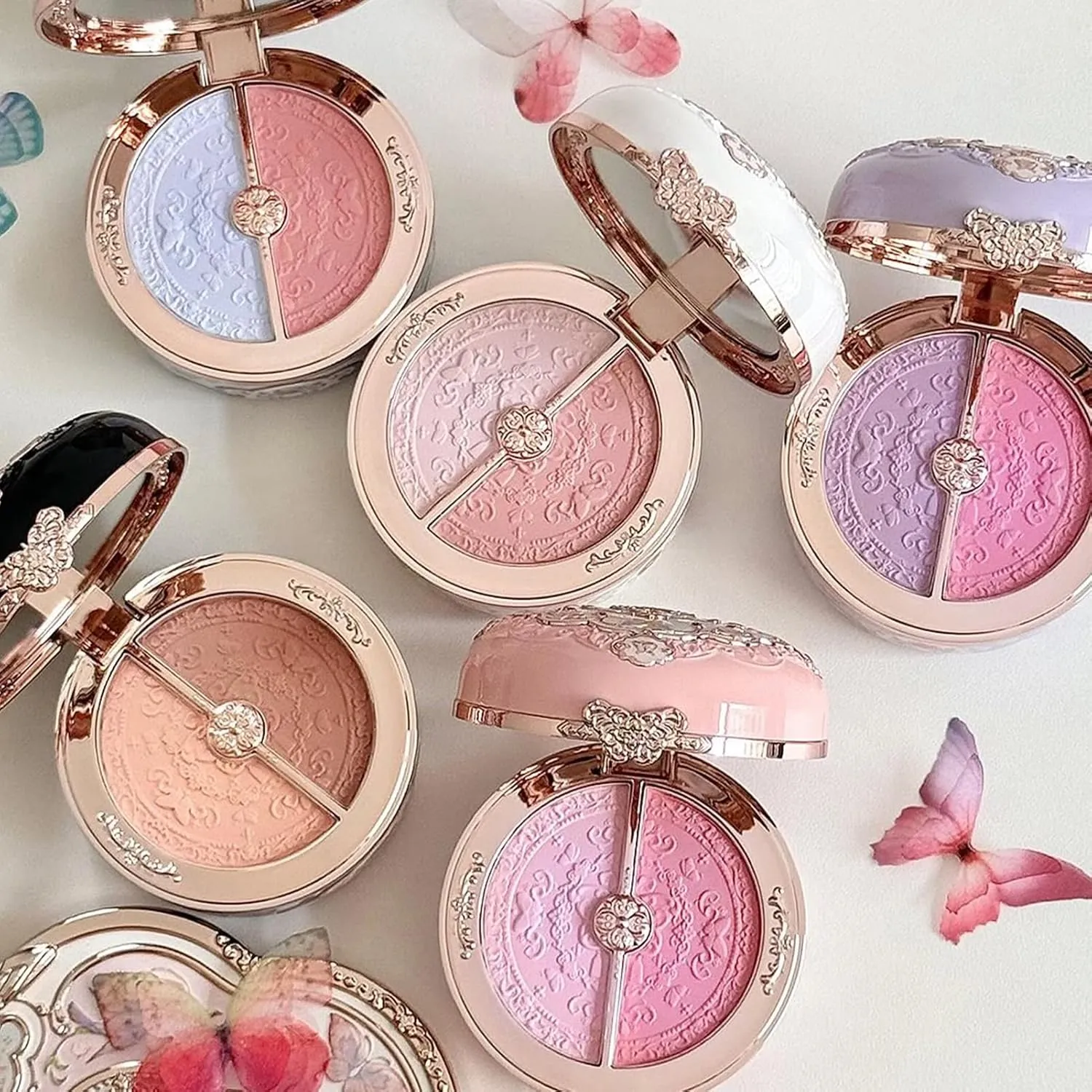Flower Knows Butterfly Cloud Collar Rouge Box Highlighting & Blush Duo Powder,Nude Peach Matte Finish Blush & Highlighter Palette,Buildable & Blendable Makeup for cheeks(01 Rouge Snow)